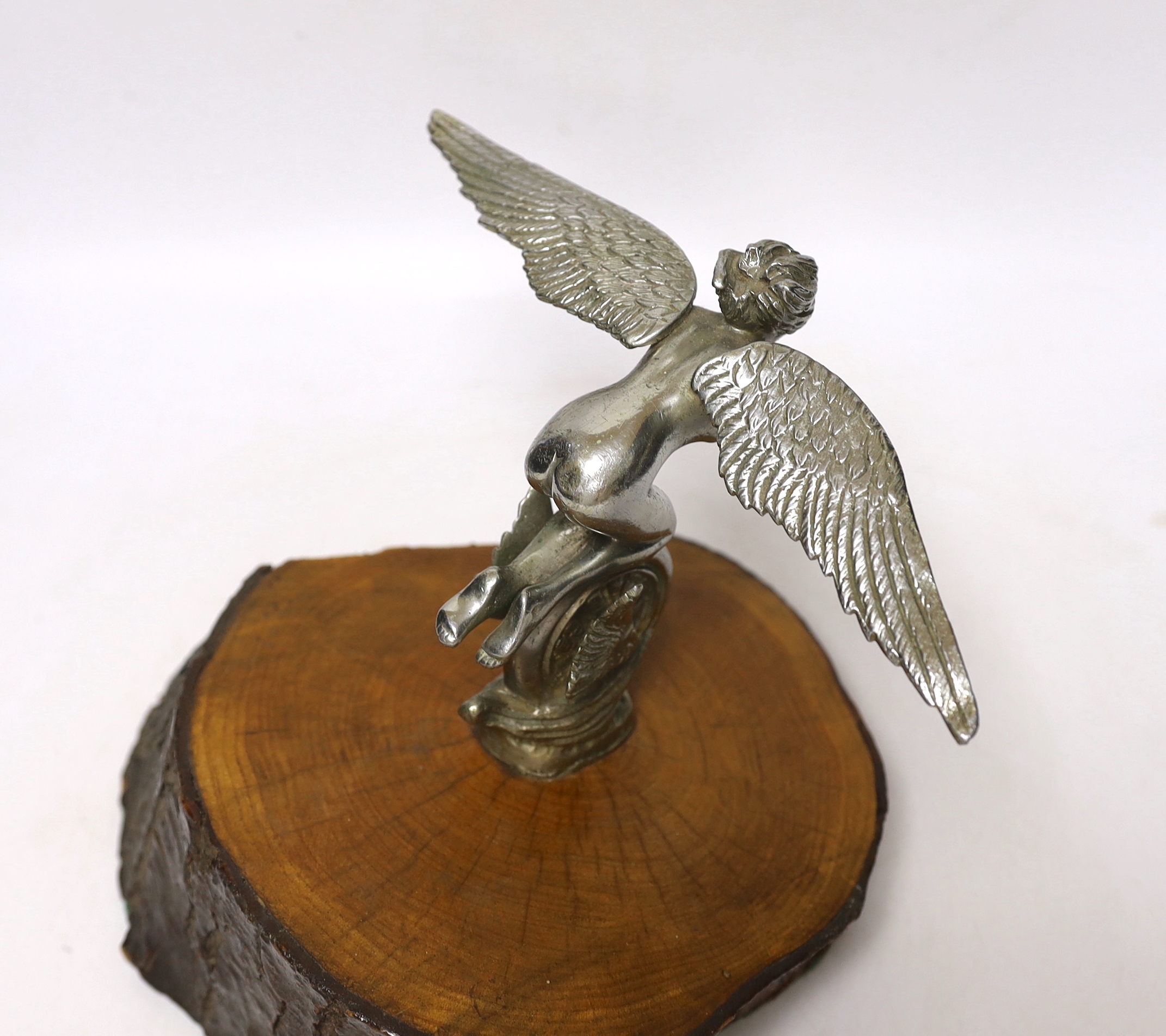 A vintage chrome plated car mascot of a winged female riding a wheel, mounted on a tree trunk cross-section, 19cm high